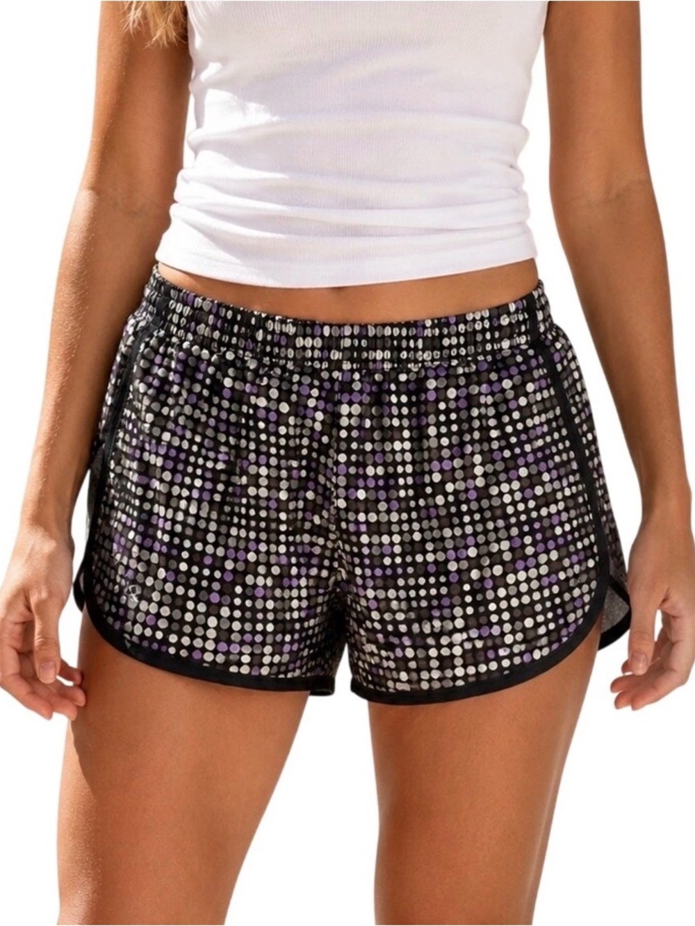 Under Armour HeatGear Polka Dot Running Shorts Purple Gray Black Dolphin Hem MED